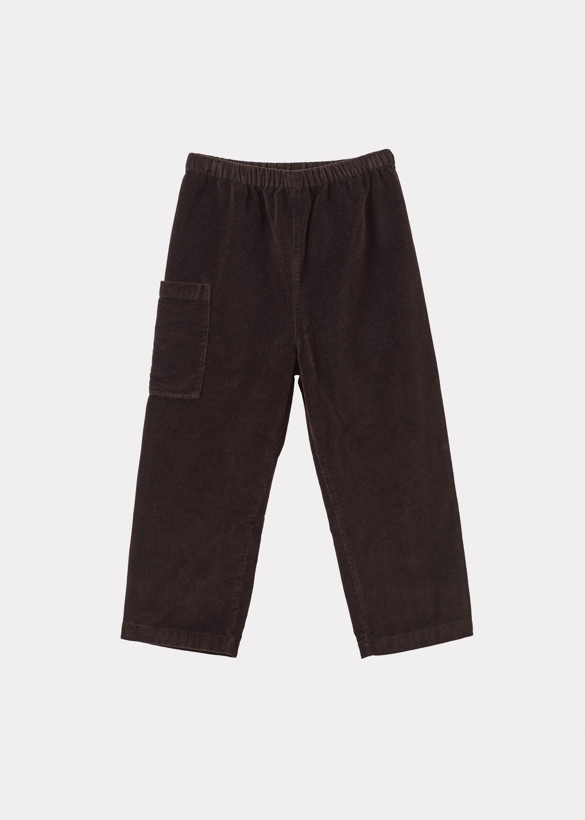 Dark brown corduroy pants with an elastic waistband and a side pocket, shown flat on a light gray background.